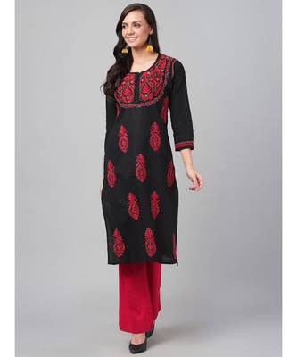 Ada Hand Embroidered Black Cotton Lucknow Chikankari Women Kurta - A373637 1
