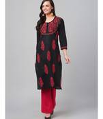 Ada Hand Embroidered Black Cotton Lucknow Chikankari Women Kurta - A373637