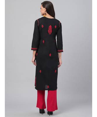 Ada Hand Embroidered Black Cotton Lucknow Chikankari Women Kurta - A373637 2