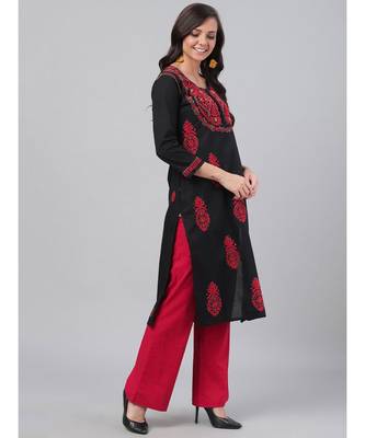 Ada Hand Embroidered Black Cotton Lucknow Chikankari Women Kurta - A373637 3