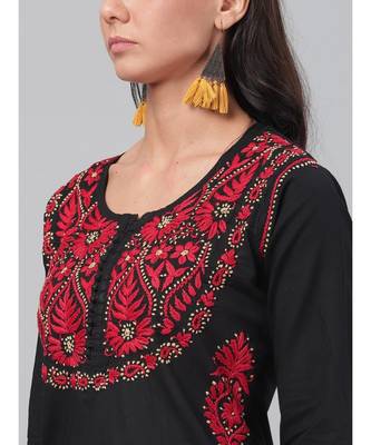 Ada Hand Embroidered Black Cotton Lucknow Chikankari Women Kurta - A373637 4