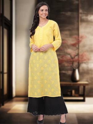 Hand Embroidered Yellow Cotton Lucknow Chikankari Women Kurta 1