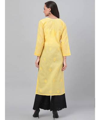 Hand Embroidered Yellow Cotton Lucknow Chikankari Women Kurta 2