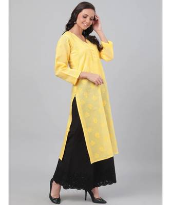 Hand Embroidered Yellow Cotton Lucknow Chikankari Women Kurta 3