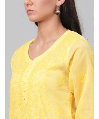 Hand Embroidered Yellow Cotton Lucknow Chikankari Women Kurta 4