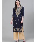 Hand Embroidered Navy Blue Cotton Lucknow Chikan Women Kurta
