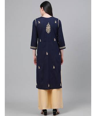 Hand Embroidered Navy Blue Cotton Lucknow Chikan Women Kurta 2