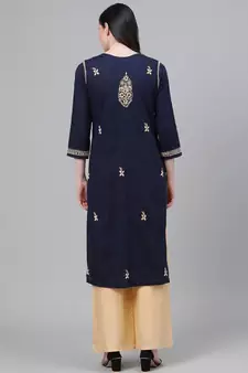 Hand Embroidered Navy Blue Cotton Lucknow Chikan Women Kurta