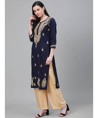 Hand Embroidered Navy Blue Cotton Lucknow Chikan Women Kurta 3