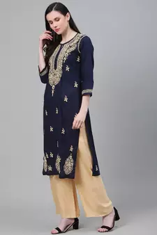 Hand Embroidered Navy Blue Cotton Lucknow Chikan Women Kurta