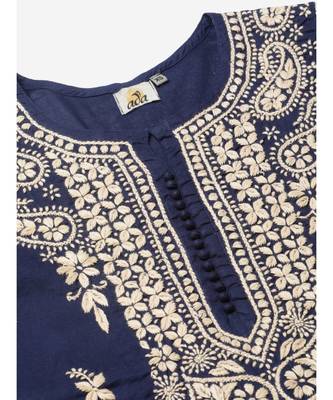 Hand Embroidered Navy Blue Cotton Lucknow Chikan Women Kurta 4