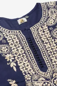 Hand Embroidered Navy Blue Cotton Lucknow Chikan Women Kurta