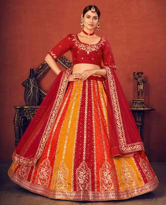 Captivating Red, Orange and Yellow Thread with Sequins embroidered art Silk Lehenga choli 5