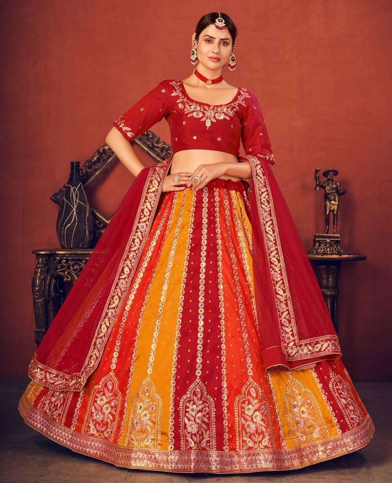 Captivating Red, Orange and Yellow Thread with Sequins embroidered art Silk Lehenga choli