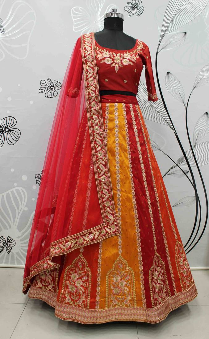 Captivating Red, Orange and Yellow Thread with Sequins embroidered art Silk Lehenga choli