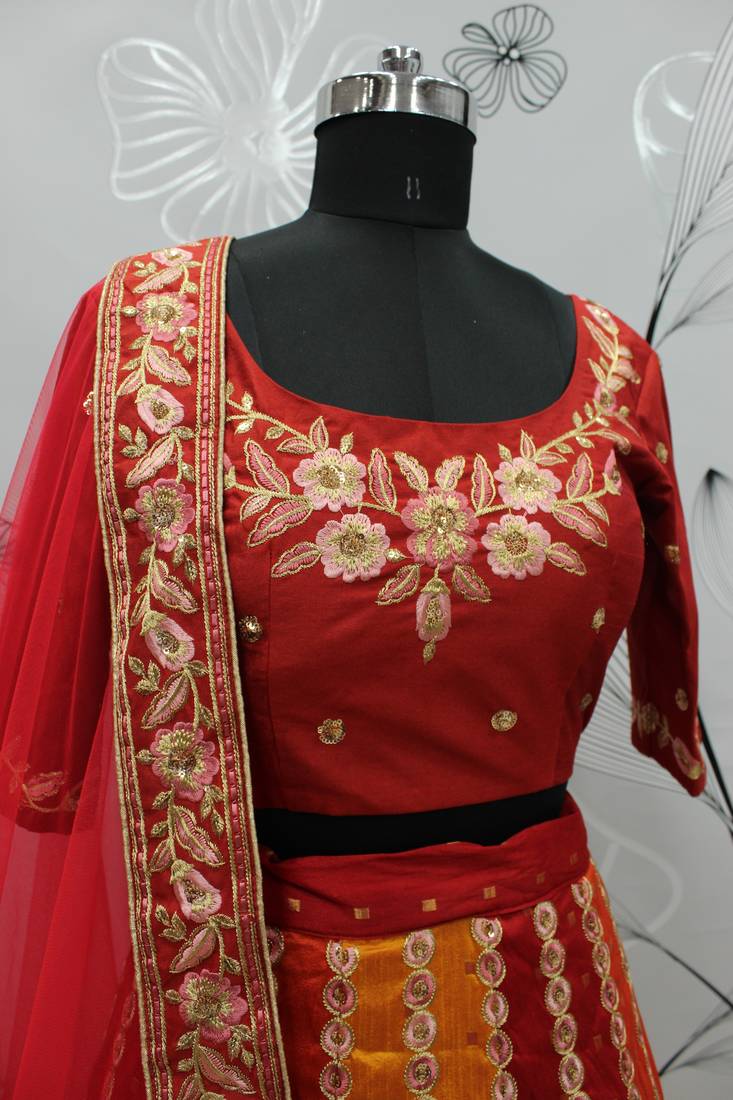 Captivating Red, Orange and Yellow Thread with Sequins embroidered art Silk Lehenga choli