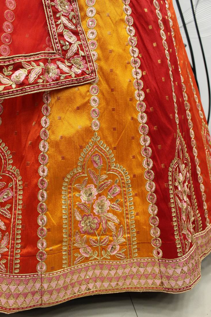 Captivating Red, Orange and Yellow Thread with Sequins embroidered art Silk Lehenga choli