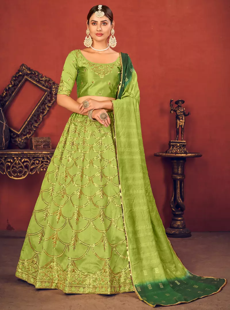 Fluorescent Green Thread with Sequins embroidered art silk semi stitched lehenga
