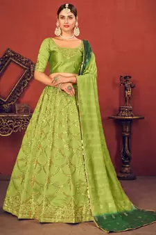 Fluorescent Green Thread with Sequins embroidered art silk semi stitched lehenga