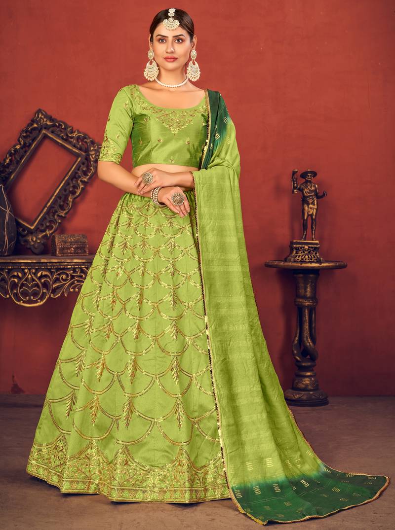 Fluorescent Green Thread with Sequins embroidered art silk semi stitched lehenga