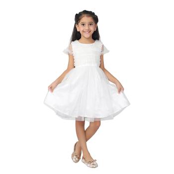 White printed shimmer kids-frocks 1