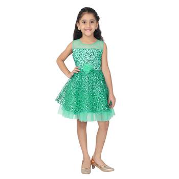 Green embroidered faux net kids-frocks 1