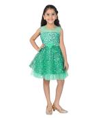 Green embroidered faux net kids-frocks