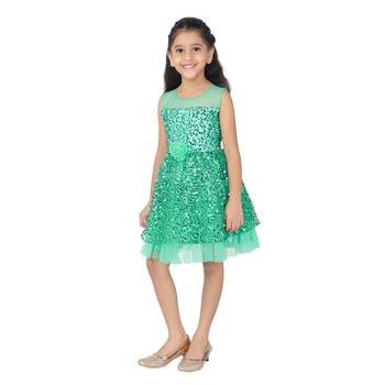 Green embroidered faux net kids-frocks 2