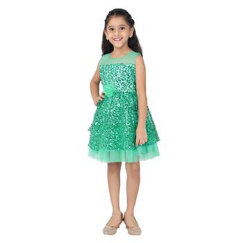 Green embroidered faux net kids-frocks 4