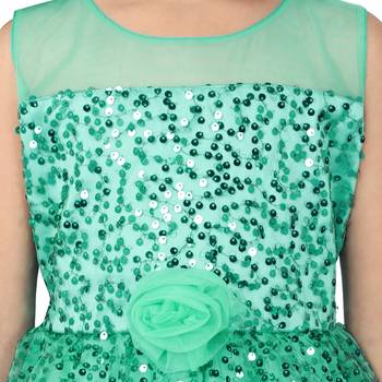 Green embroidered faux net kids-frocks 5