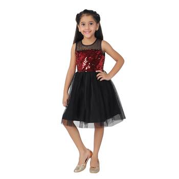 Red embroidered faux net kids-frocks 1