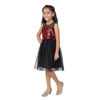 Red embroidered faux net kids-frocks 2