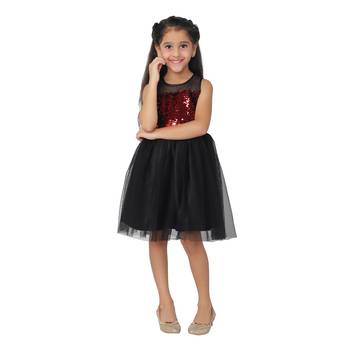 Red embroidered faux net kids-frocks 4