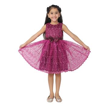 Maroon embroidered faux net kids-frocks 1