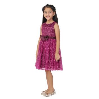 Maroon embroidered faux net kids-frocks 2