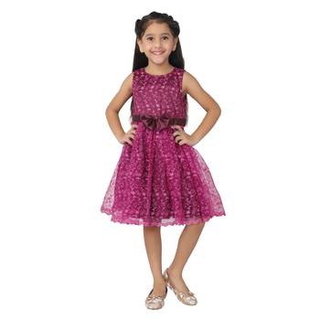 Maroon embroidered faux net kids-frocks 3