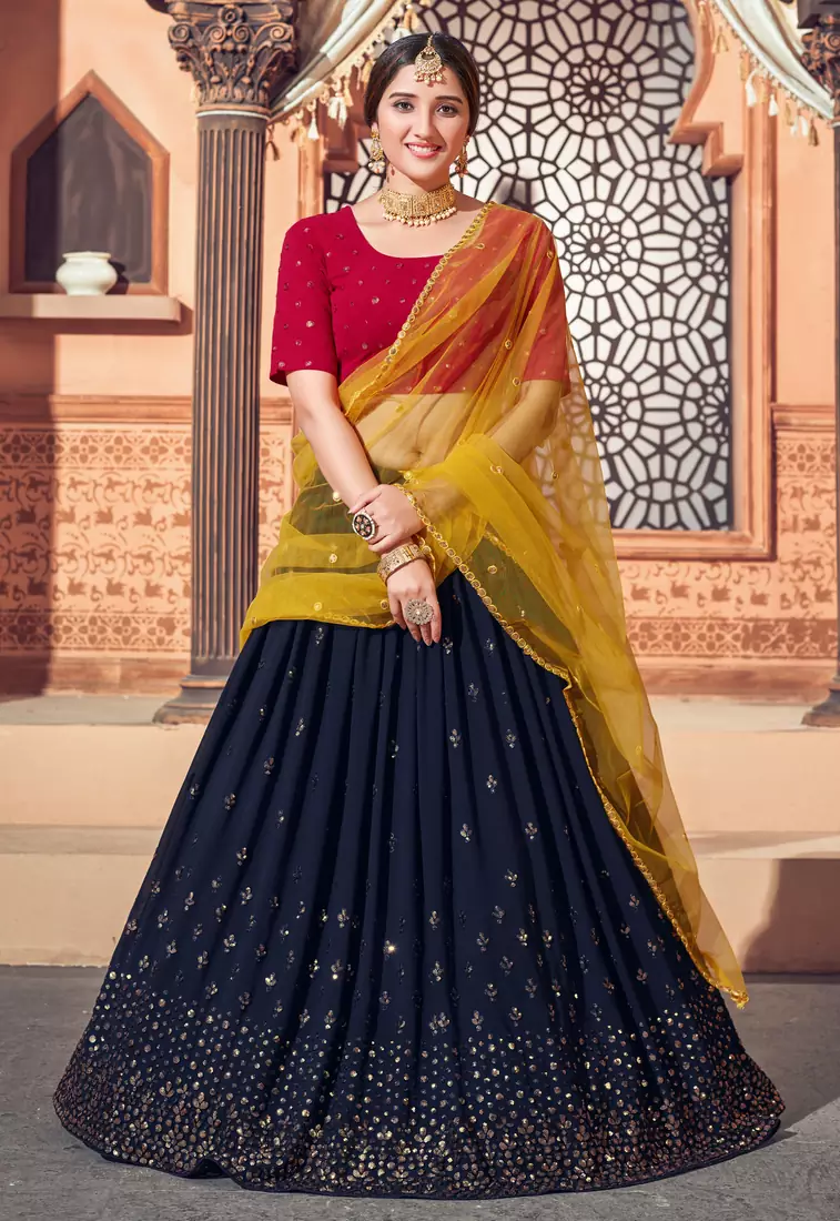 Navy Blue embroidered georgette semi stitched lehenga