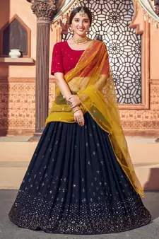 Navy Blue embroidered georgette semi stitched lehenga