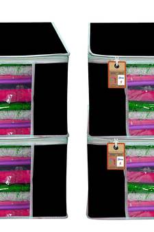Atorakushon   Fabric 4 Piece Garment Storage Bags Wardrobe Organizer For Clothes Storage Box Saree Cover (Black)