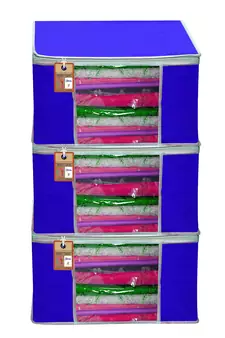 ATORAKUSHON   FABRIC 3 PIECE GARMENT STORAGE BAGS WARDROBE ORGANIZER FOR CLOTHES STORAGE BOX SAREE COVER (Royal Blue)