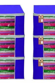 ATORAKUSHON   FABRIC 6 PIECE GARMENT STORAGE BAGS WARDROBE ORGANIZER FOR CLOTHES STORAGE BOX SAREE COVER (Royal Blue)