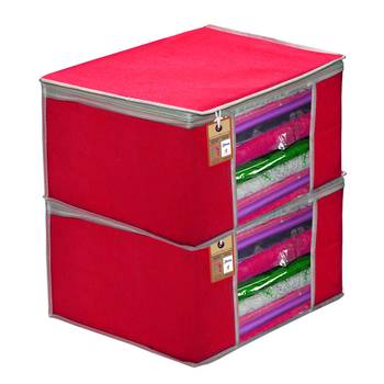 Atorakushon   Fabric 2 Piece Garment Storage Bags Wardrobe Organizer For Clothes Storage Box Saree Cover (Pink) 1