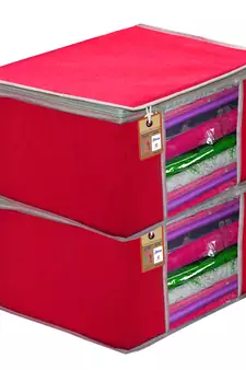 Atorakushon   Fabric 2 Piece Garment Storage Bags Wardrobe Organizer For Clothes Storage Box Saree Cover (Pink)