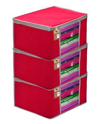 Atorakushon   Fabric 3 Piece Garment Storage Bags Wardrobe Organizer For Clothes Storage Box Saree Cover (Pink) 1