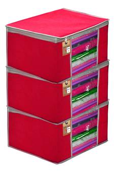 Atorakushon   Fabric 3 Piece Garment Storage Bags Wardrobe Organizer For Clothes Storage Box Saree Cover (Pink)