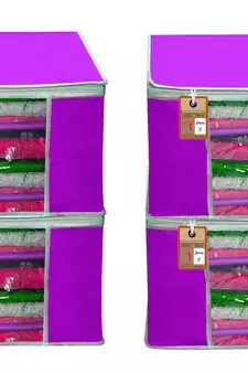 Atorakushon   Fabric 4 Piece Garment Storage Bags Wardrobe Organizer For Clothes Storage Box Saree Cover (Purple)