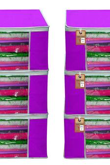 Atorakushon   Fabric 6 Piece Garment Storage Bags Wardrobe Organizer For Clothes Storage Box Saree Cover (Purple)