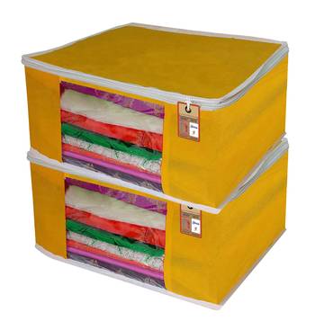 ATORAKUSHON   FABRIC 2 PIECE GARMENT STORAGE BAGS WARDROBE ORGANIZER FOR CLOTHES STORAGE BOX SAREE COVER (Yellow) 1