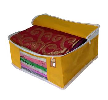 ATORAKUSHON   FABRIC 2 PIECE GARMENT STORAGE BAGS WARDROBE ORGANIZER FOR CLOTHES STORAGE BOX SAREE COVER (Yellow) 4