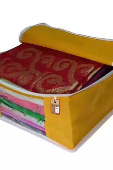 ATORAKUSHON   FABRIC 2 PIECE GARMENT STORAGE BAGS WARDROBE ORGANIZER FOR CLOTHES STORAGE BOX SAREE COVER (Yellow)